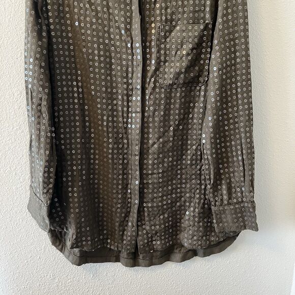 Maeve Anthropologie Blouse Size Med Sequined Olive Green Buttoned Shirt Chic - Picture 5 of 14